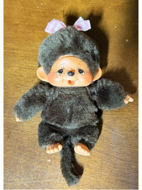 Vintage 1974 Collectible Monchhichi Doll Sekiguchi Japan Girl Pink Bow